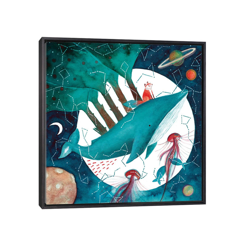 Renard et baleine IV - impression, Pas de tapis, Toile avec cadre noir patiné, H 37 po x l 37 po x P 1,5 po