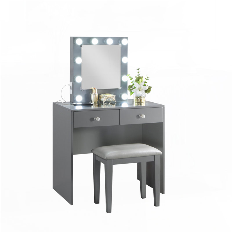 Makeup Vanity and Stool Set, Gray