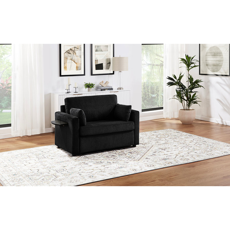 Canapé-lit simple de 47,2 po avec lit pliable, table sur les accoudoirs, hublots, pochette de rangement, coussins lombaires confortables, revêtement en velours côtelé doux pour les petits appartements, lit noir rabattable, côté