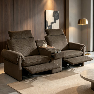 2-Seat Recliner Loveseat with Console, Corduroy Fabric Sofa with USB Charging, Cup Holders & Storage Tray, Brown