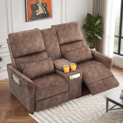 Manual Reclining Loveseat With Center Console, Cup Holders & Storage, Push-Back Recliner Sofa With Pillows For Living Room