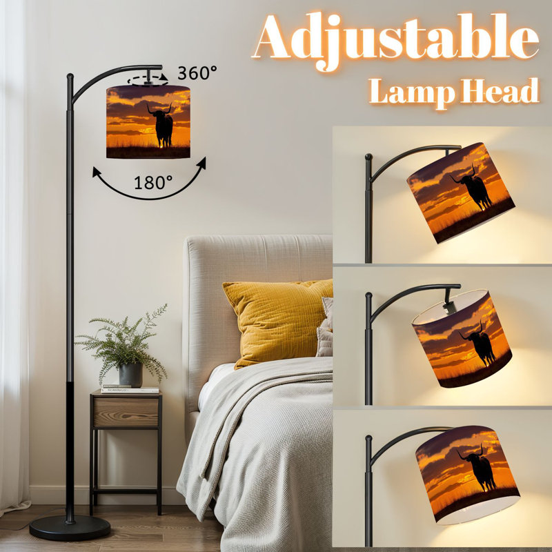 Lampe sur pied à arc avec abat-jour réglable Majestic Texas Longhorn Silhouette Sunset