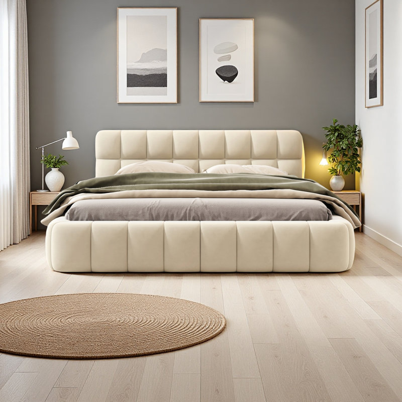Grand lit plateforme tapissier avec tissu épais et lit au sol avec structure solide, Beige