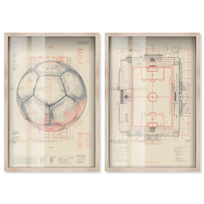 Soccer Ball and Stadium Blueprint SET Shadowbox Print Livingroom Wall Art Set by Art Remedy, Black Frame, 10 x 15