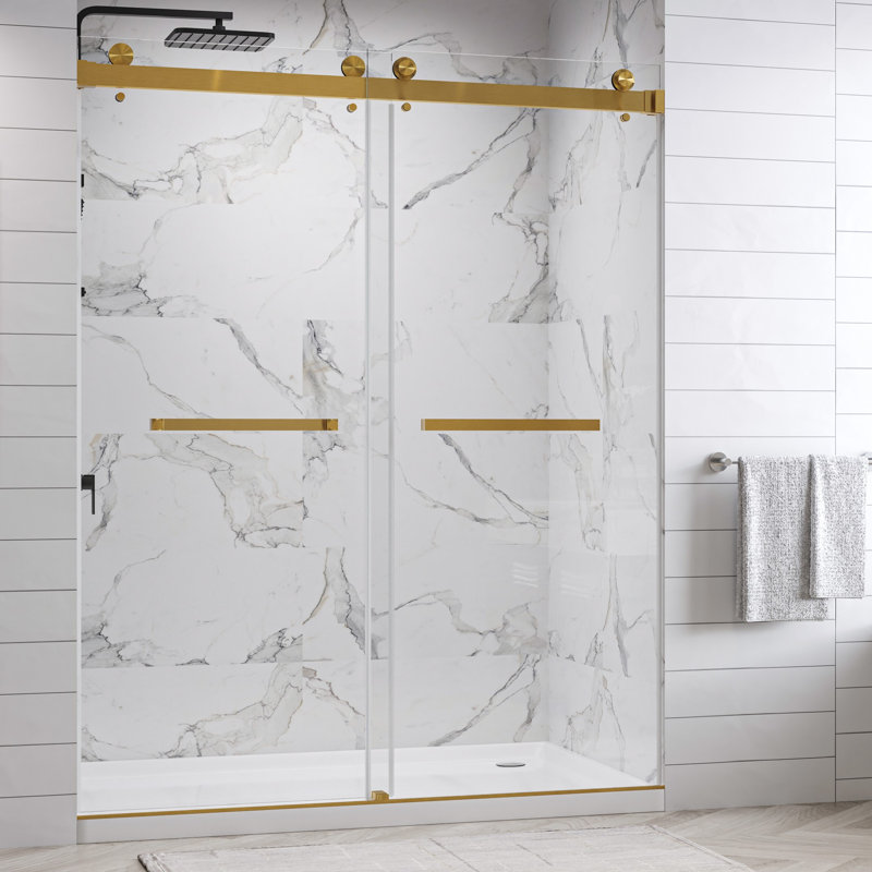 Catalyst 56"- 60" W x 76" H Double Sliding Frameless Shower Door in Brushed Gold with 3/8" Clear Glass, Gold