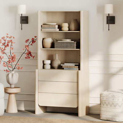 Bibliothèque de 72,6 po à 3 niveaux avec 3 tiroirs, bibliothèque moderne ouverte française avec bords arrondis doux, organisateur de rangement au sol pour le bureau de la chambre à coucher, beige