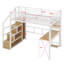 Lit mezzanine en métal avec poste de travail intégré, garde-robe, escalier de rangement et DEL-743284874