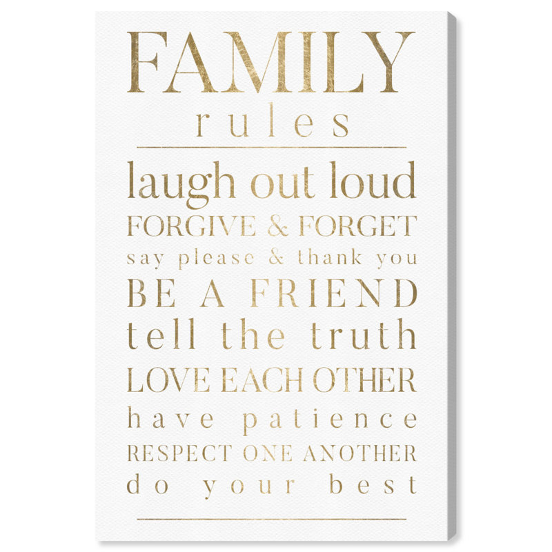 «Family Quotes and Sayings Family Rules Gold», reproduction d'art sur toile tendue, H 36 po x l 24 po x P 0,8 po