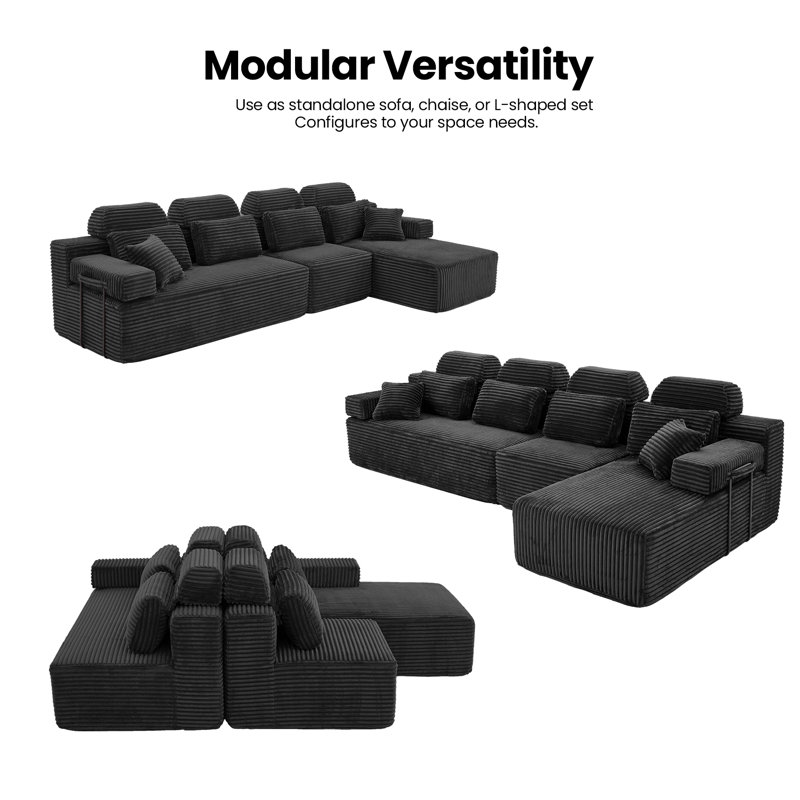 136" Cloud Modular L-Shaped Sectional Sofa, Corduroy Oversized Couch for Living Room, No Assembly Required，Black