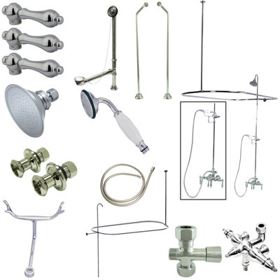 Kingston Brass Vintage Three-Handle 2-Hole Tub Wall Mount Clawfoot Tub Faucet Package with Shower Enclosure and Hand Shower