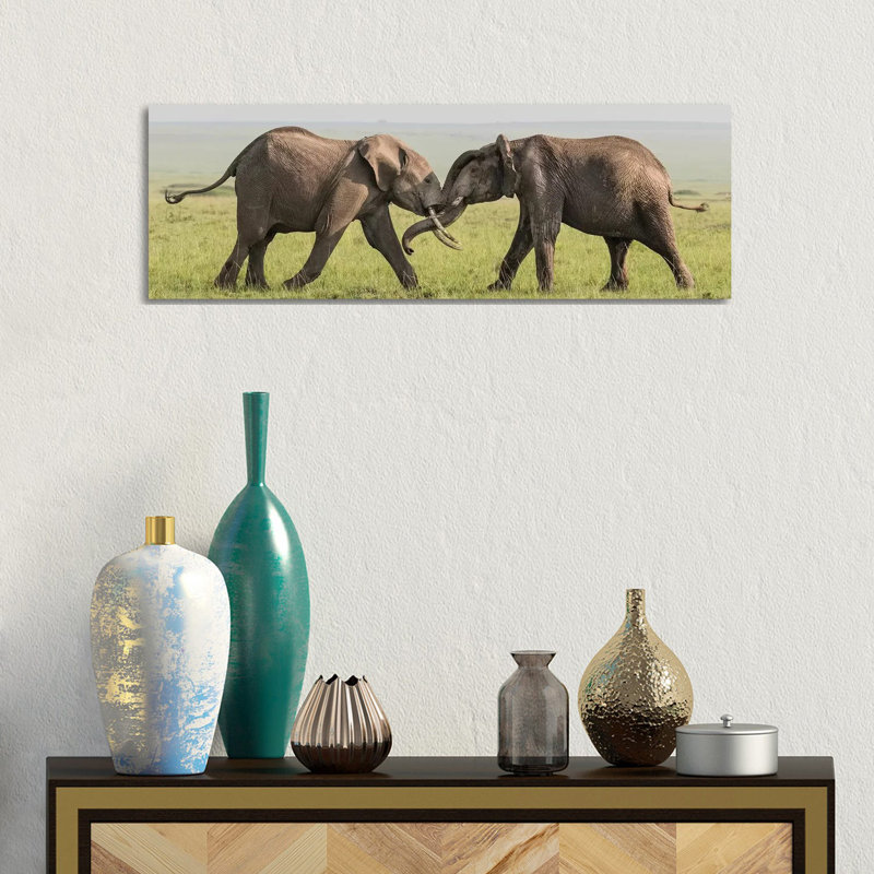 Africa, Kenya, Maasai Mara National Reserve. Elephants Greeting. by Jaynes Gallery - Wrapped Canvas Panoramic Print