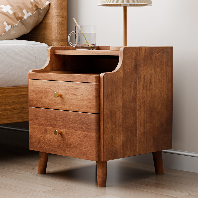 19.7" H Nightstand with Drawers, Pre-Assembled, Natural Solid Wood Night Stand with Open Sliding Shelf, Walnut