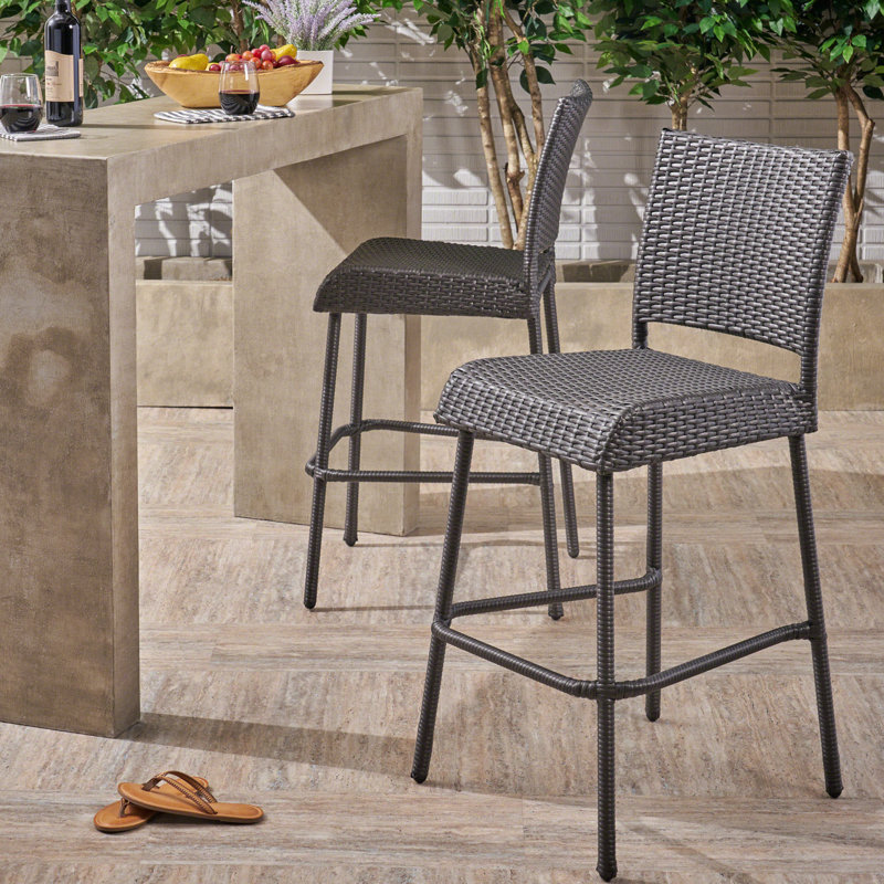 Ensemble de 2 tabourets de bar sans accoudoirs en rotin de plein air PE, Gris