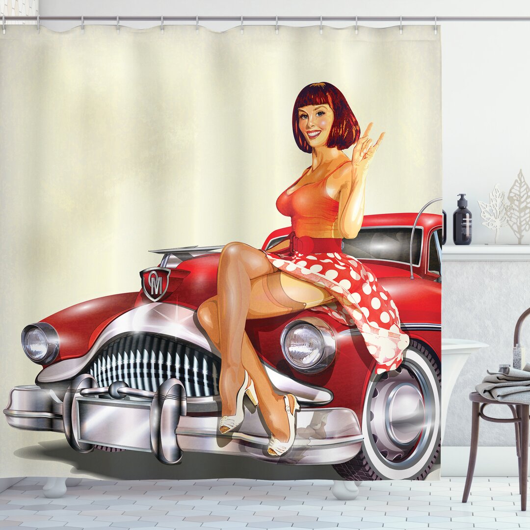 Duschvorhang, Classic Retro-Auto, Pin up, Mehrfarbig