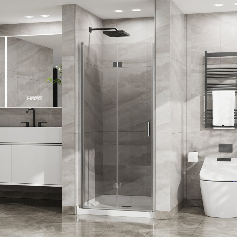 Porte de douche en verre 34 po x 72 po. Balançoire pivotante transparente 1/4 de pouce trempée. Pliable, contemporain. Résistant à la rouille et à la corrosion. Scellants imperméables. Système à 180 °. Installation de chaque côté de la porte 72 po. Finition. Pliable