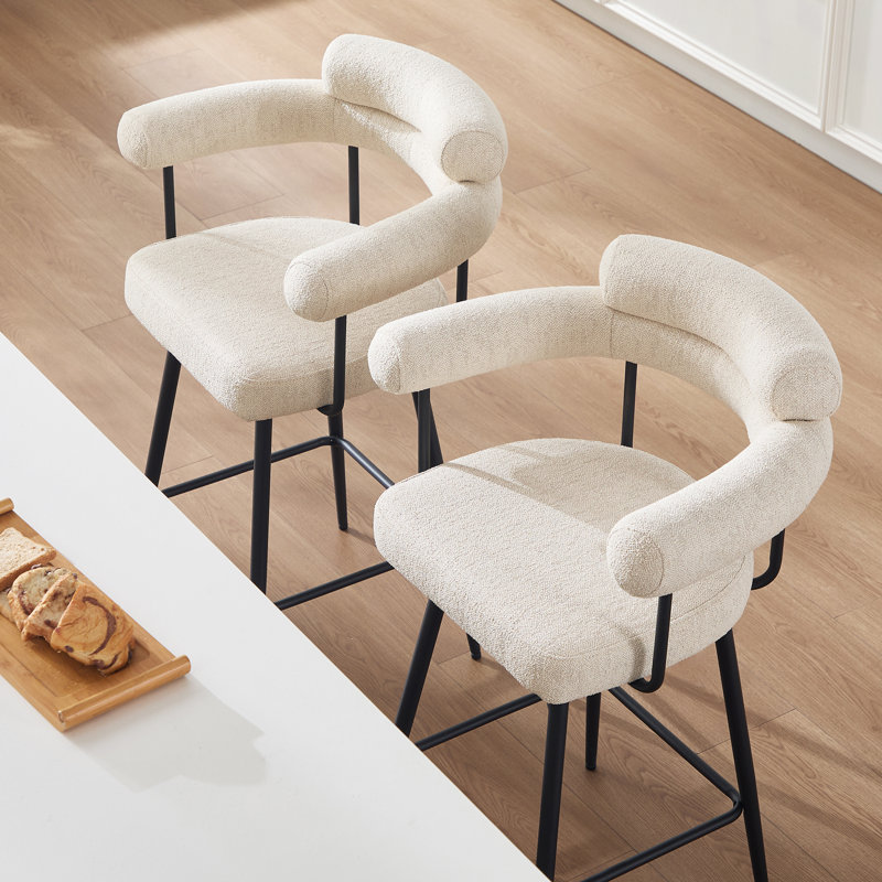 Kiylan Swivel Upholstered 26.7" Linen Counter Stool with Curved Wing Back and Metal Frame, Linen Beige