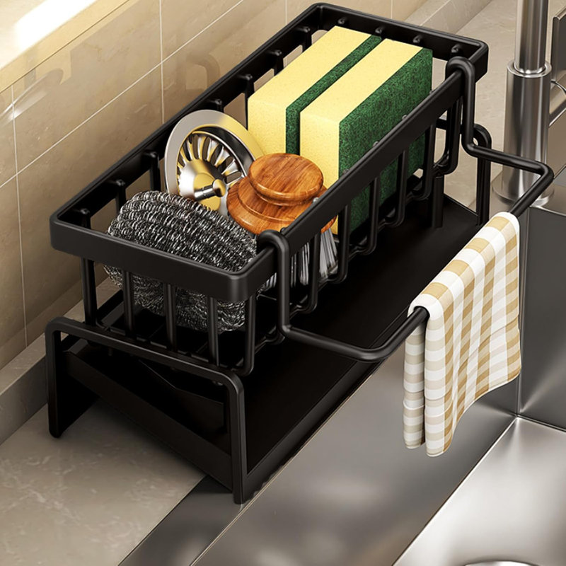 Organisateur d'évier de cuisine Porte-éponge en acier inoxydable 304 pour évier de cuisine Accessoires de cuisine multifonctionnels Distributeur de savon Plat de rangement
