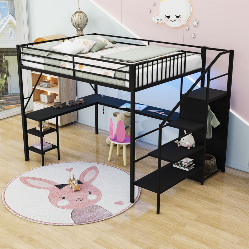 Loft Bed With Desk, Storage Staircase, And USB/LED Features, Queen