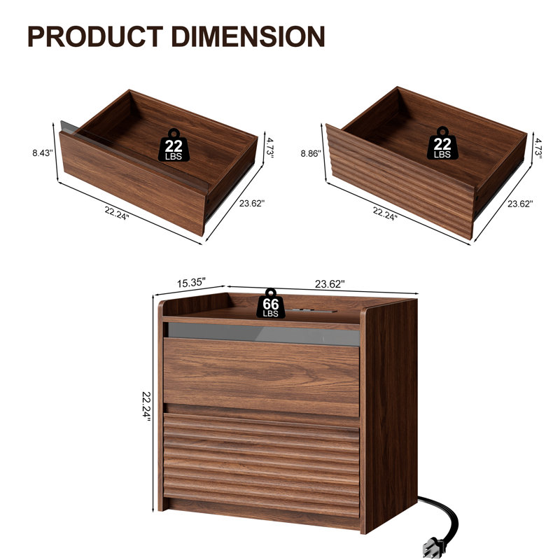 Table de chevet moderne avec table de chevet en bois, Ensemble de 2