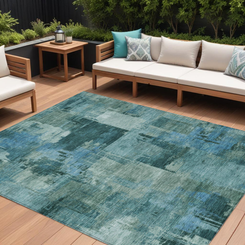 Tapis d'extérieur lavable abstrait bleu sarcelle et turquoise 10 'X 14'