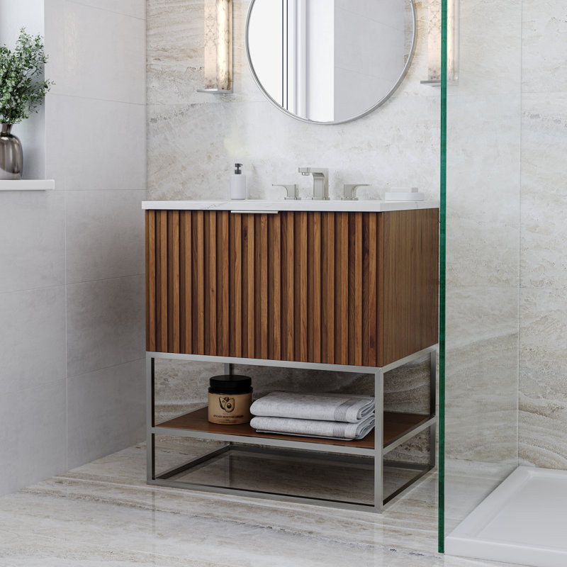 Terra 30'' Single Bathroom Vanity with Top, Walnut, Brushed Nickel, Calacatta Quartz/Widespread Faucet Mount