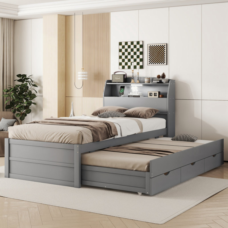 Lit plateforme à DEL avec lit gigogne et tête de lit, Gris, Twin