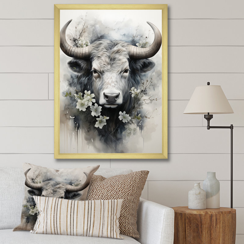 Champetres, art asiatique, vache Sumi IV, H 32 po x l 16 po x P 1 po, Encadrement doré