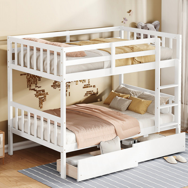 Convertible Bunk Bed with Detachable Design 2 Storage Drawers and Safety Features for Modern Bedrooms, Twin Over Twin, White