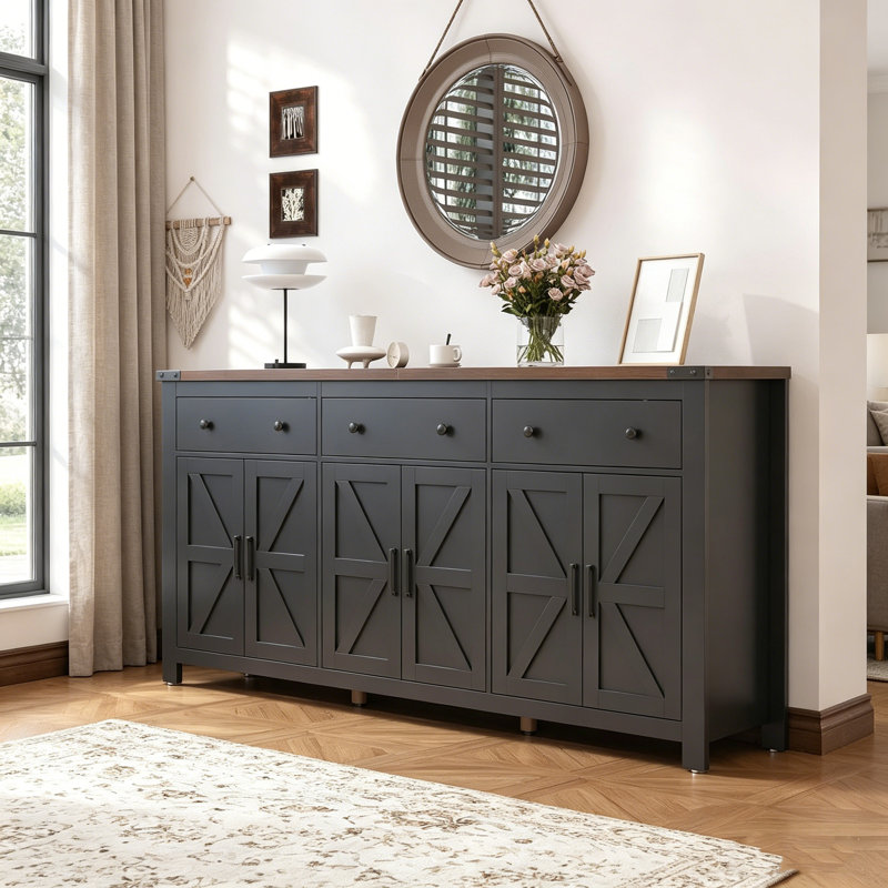 Grand buffet 71 po avec 3 tablettes réglables et 3 grands tiroirs, Noir