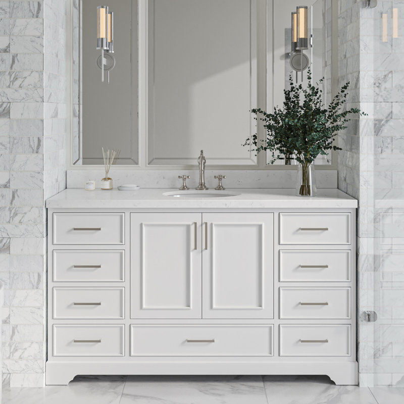 Ensemble de meuble-lavabo simple 60,25 po avec plateau en quartz Abshire, Blanc