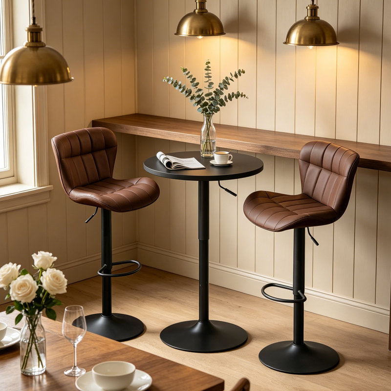3 Piece Height-adjustable Pub Table And Leathered Pedestal Bar Stool Dining Set, Brown