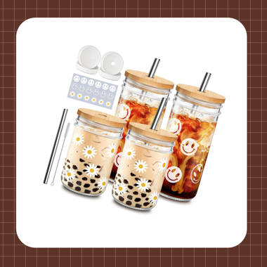 24oz Straw Cup with Wooden Lid Reusable Bubble Tea Glass Cup with Straw for  Smoothie Boba