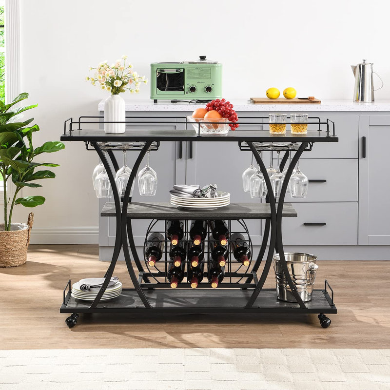Support à vin sur pied avec porte-verres à vin, armoire à café à 3 niveaux pour la maison / cuisine / salon / salle à manger, brun antique