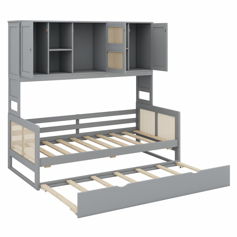 Wooden Daybed With Trundle, And All-In-One Cabinet And Shelf, Gray