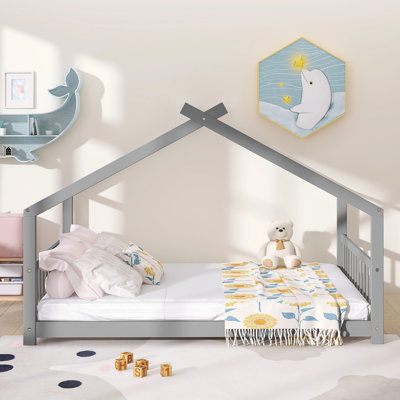 Lit de maison gris en bois de taille double - idéal pour le plaisir et le jeu, avec structure de toit robuste, L 80,7 po de long, repose à assembler, l 56,3 po de large