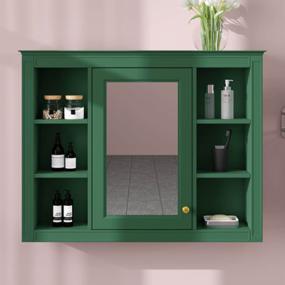 Armoire à pharmacie avec miroir, armoire de salle de bain murale, armoire de rangement au-dessus de la toilette 35 po x 27,5 po avec porte et tablettes ouvertes