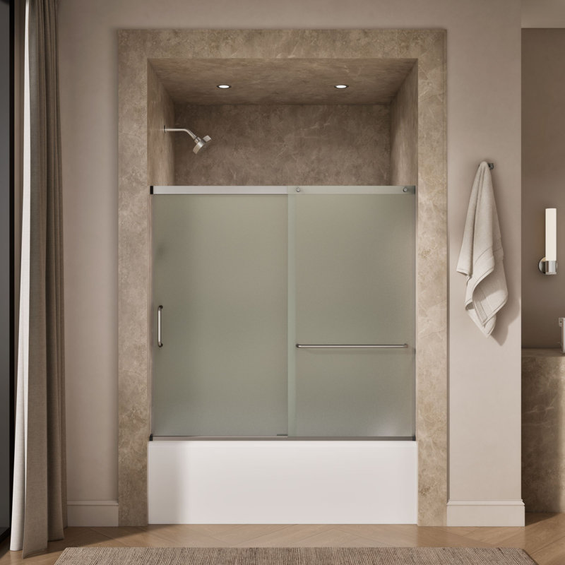 Elate Sliding Bath Door, 56-3/4-In H X 56-1/4 - 59-5/8-In W, With 1/4-In Thick Crystal Clear Glass, Nickel/Frosted