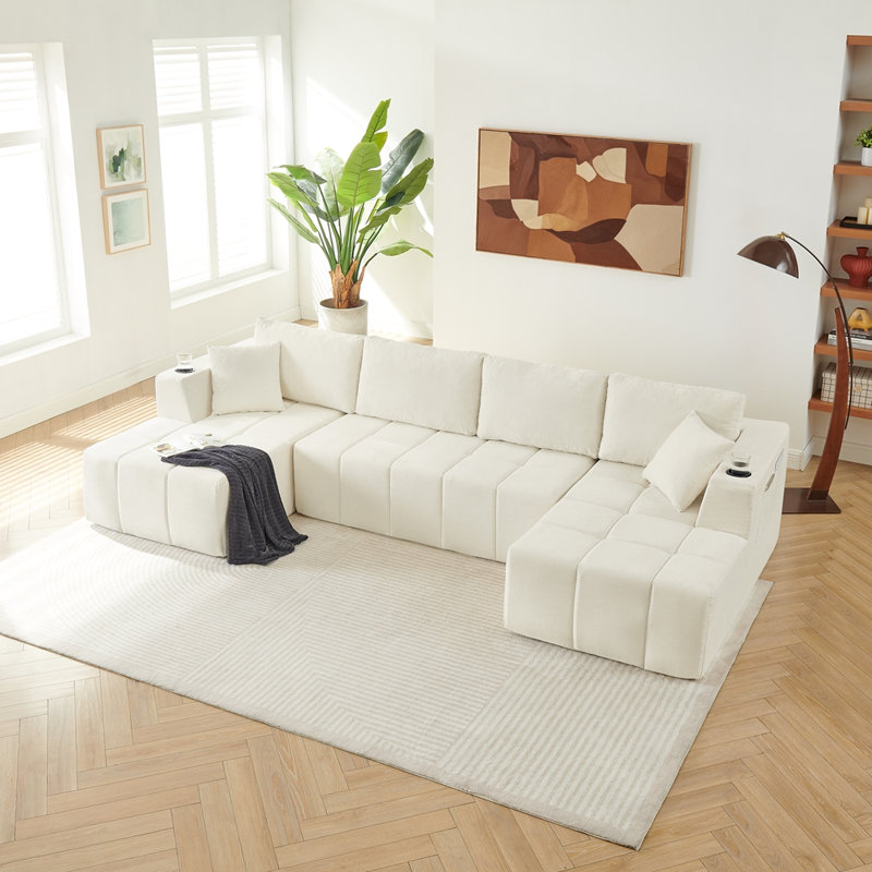 132" U-Shaped Chenille Sectional Sofa, Cloud Style Boneless Sofa with Lounges, Modern Upholstered Couch with Cup Holders & Side Pockets, Compression Sofa for Living Room, No Assembly Required, Beige