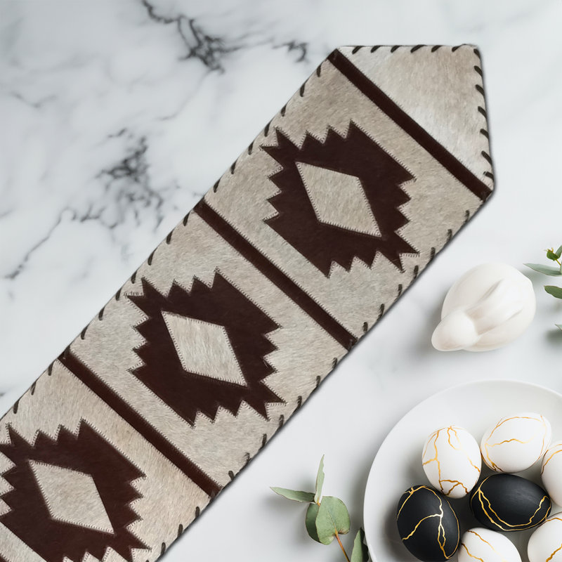 Dark Southwestern Cowhide Table Runner, 96" L x 12" D, Cream/Brown