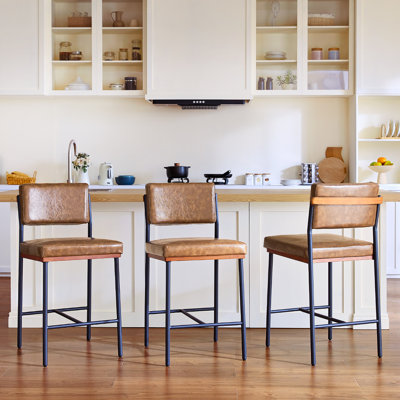 Faux Leather Bar Stools Set of 3,26 Inch Modern Counter Height Bar Stools for Kitchen Island,Counter Stools with Wide Back Sturdy Metal Legs,Coffee