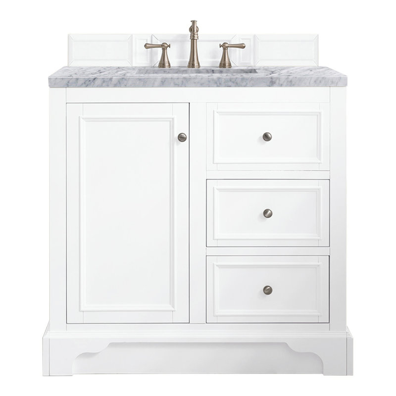 De Soto 36'' W Single Vanity, Bright White, Carrara White Marble, 8" Widespread