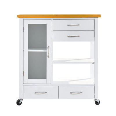Kitchen Island Cart With Walnut Wood Top, Rolling Storage Cabinet On Wheels With Drawers, Sideboard Buffet With Towel Bar, White