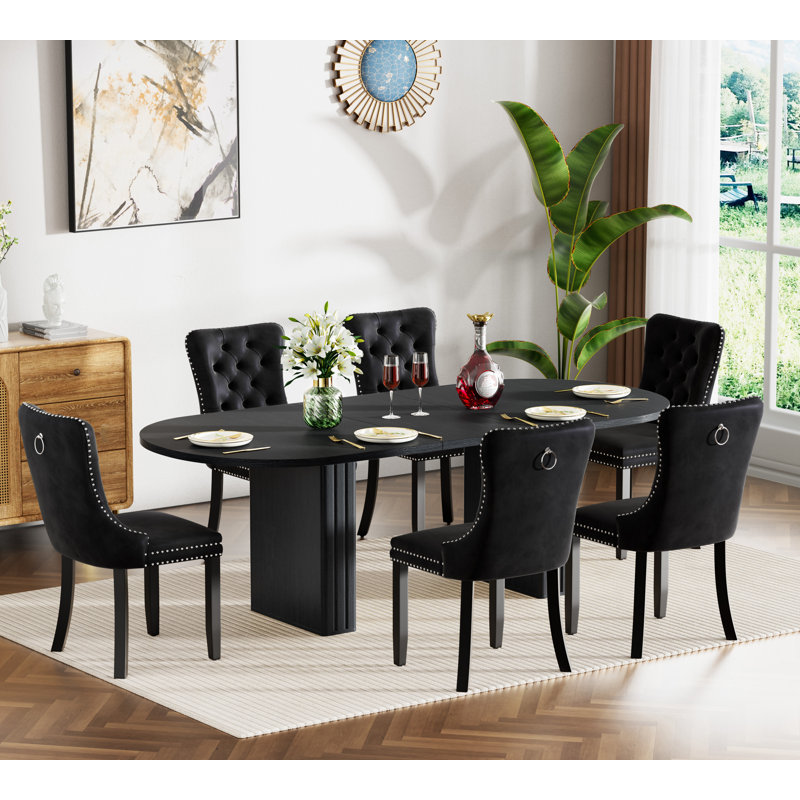 Extendable Dining Table Set, Rustic Oval Dining Room Table & Velvet Dining Chairs with Wood Leg, 62.99" -78.74" Dining Table and Chairs Set, Modern Dining Table Set