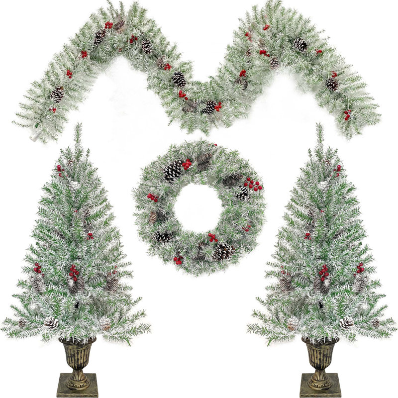 Ensemble de 4 pièces d'arbre de Noël artificiel pré-éclairé, guirlande,  et ensemble de 2 arbres d'entrée avec lumières DEL