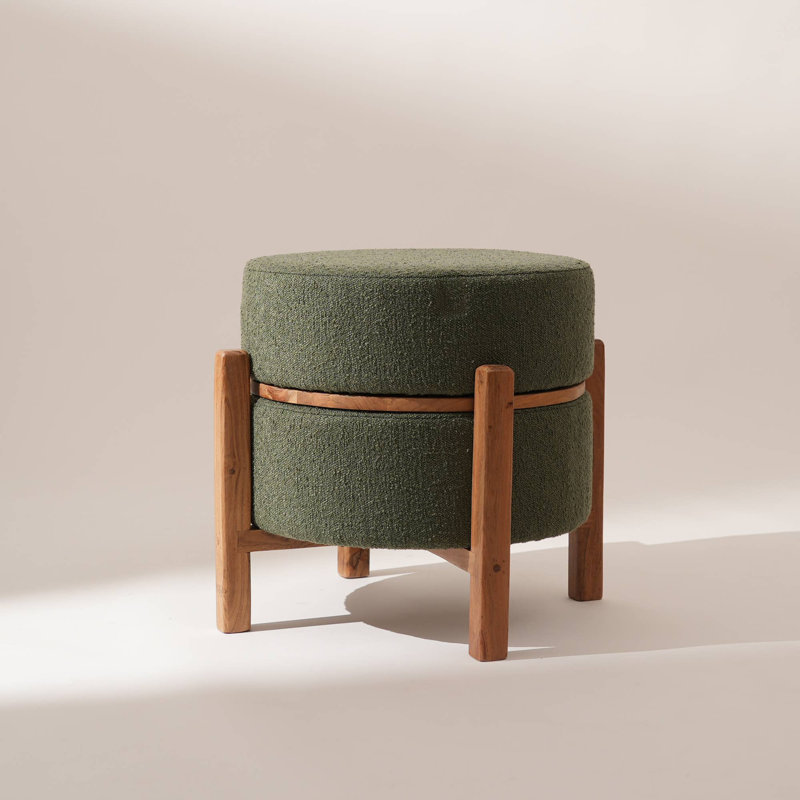 Modern Boucle Upholstered Ottoman | Wooden Base