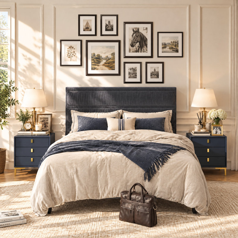 Modern 3-Drawer Nightstand with Metal Legs, Bedside Storage Cabinet for Bedroom and Living Room, Navy