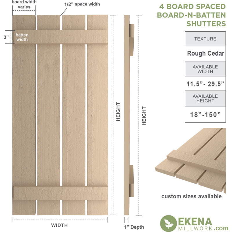 Volets rustiques en faux bois à quatre planches espacées (par paire), Texture cèdre brut / brun clair apprêté, 23"
