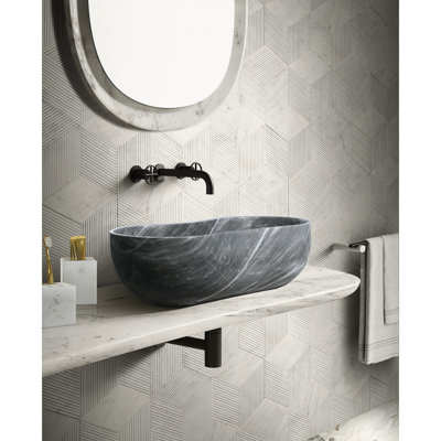 Lavabo de salle de bain luxueux en marbre gris, 23,6 po x 14,2 po x H 7,1 po, conception ondulée, avec taches et rayures naturelles de 23,6 po de profondeur, silhouette, finition semi-polie,