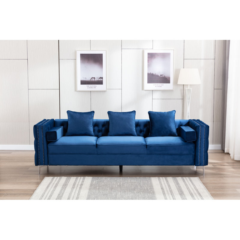 Oyler 104" Velvet Tuxedo Arm Sofa, Blue