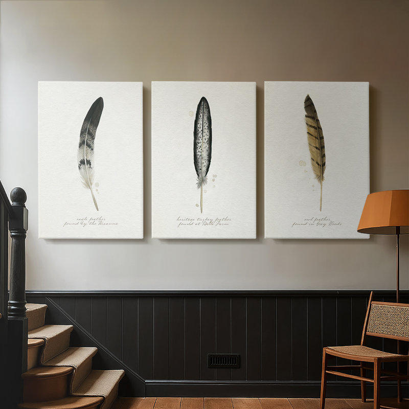 Found Feather I - Toile tendue avec châssis sur mesure - 3 pièces, H 12 po x l 24 po